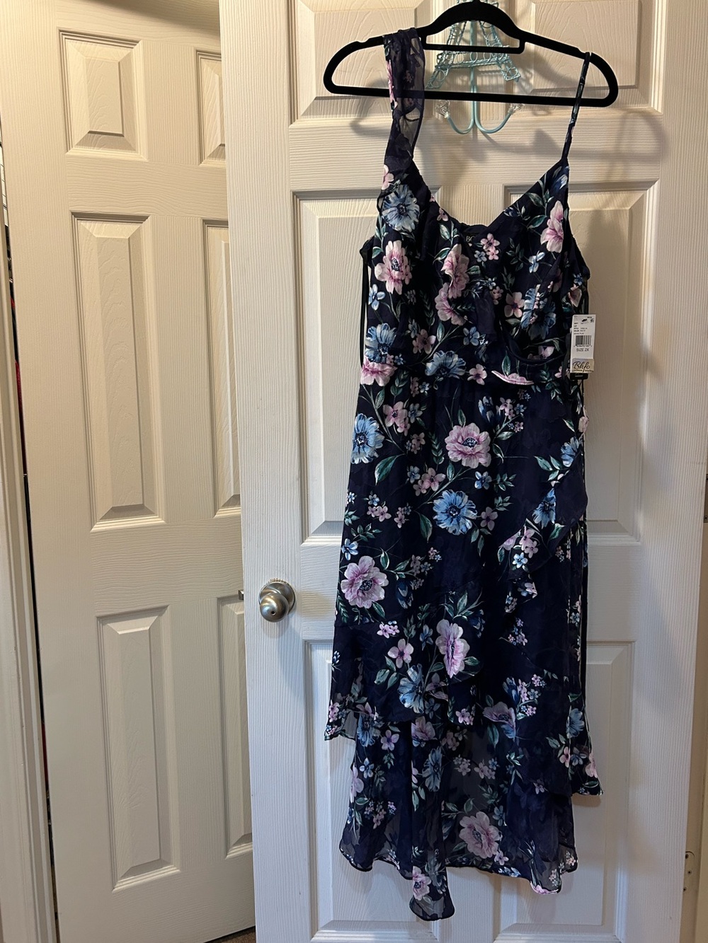 BCX 2X Social Dress Floral Ruffle Midi Dress - Navy with Pink & Blue Flowers NWT